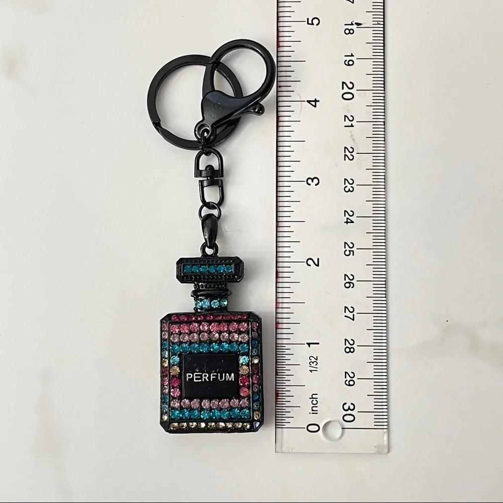 Luxury Perfume Bottle Bag Charm Key Chain - Black‎ Colorful Rhinestone Bling